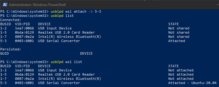 perintah attach untuk menghubungkan usb  ke wsl